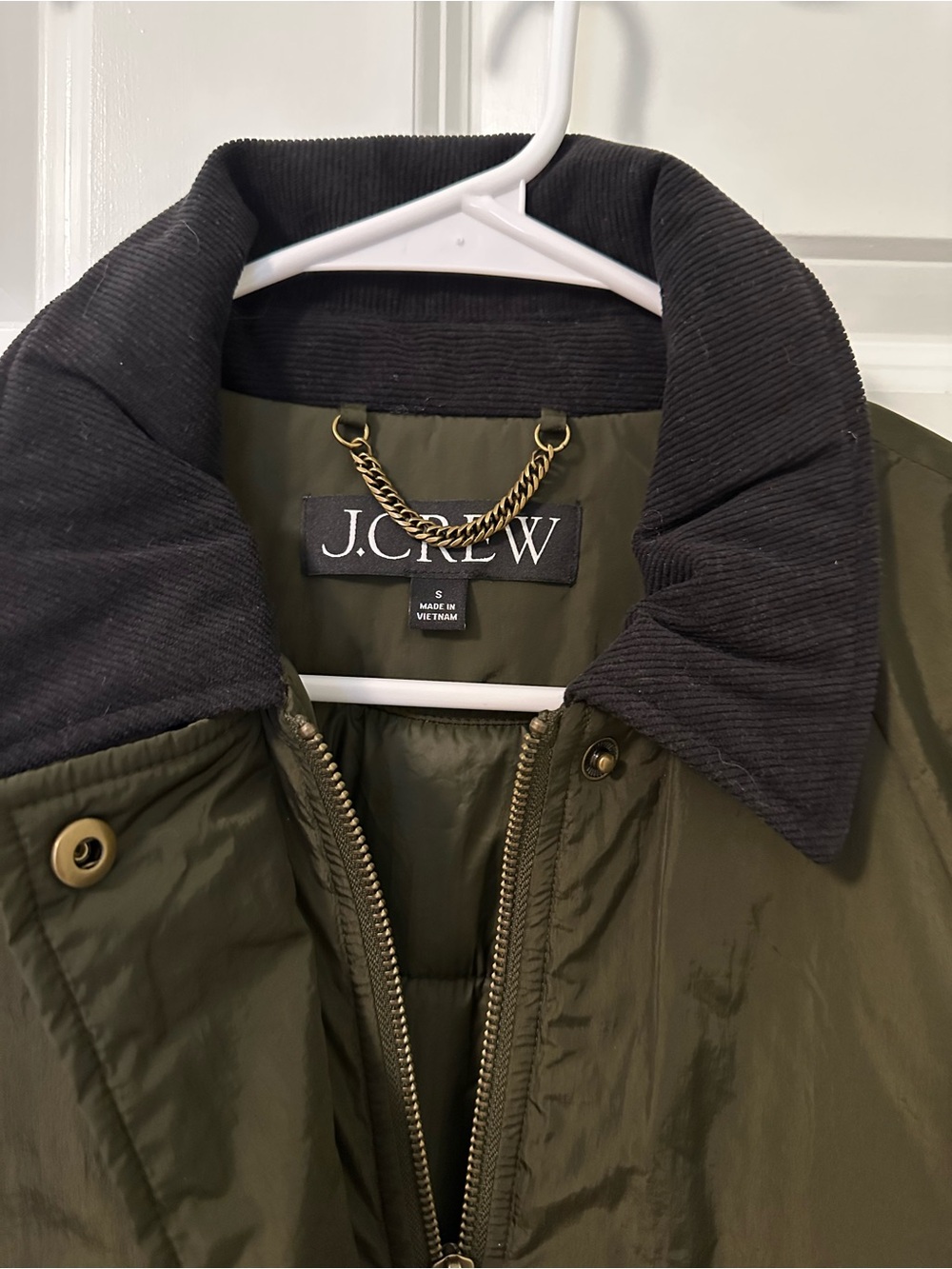 J. Crew Olive Green Puffer Jacket with Black Corduroy Collar